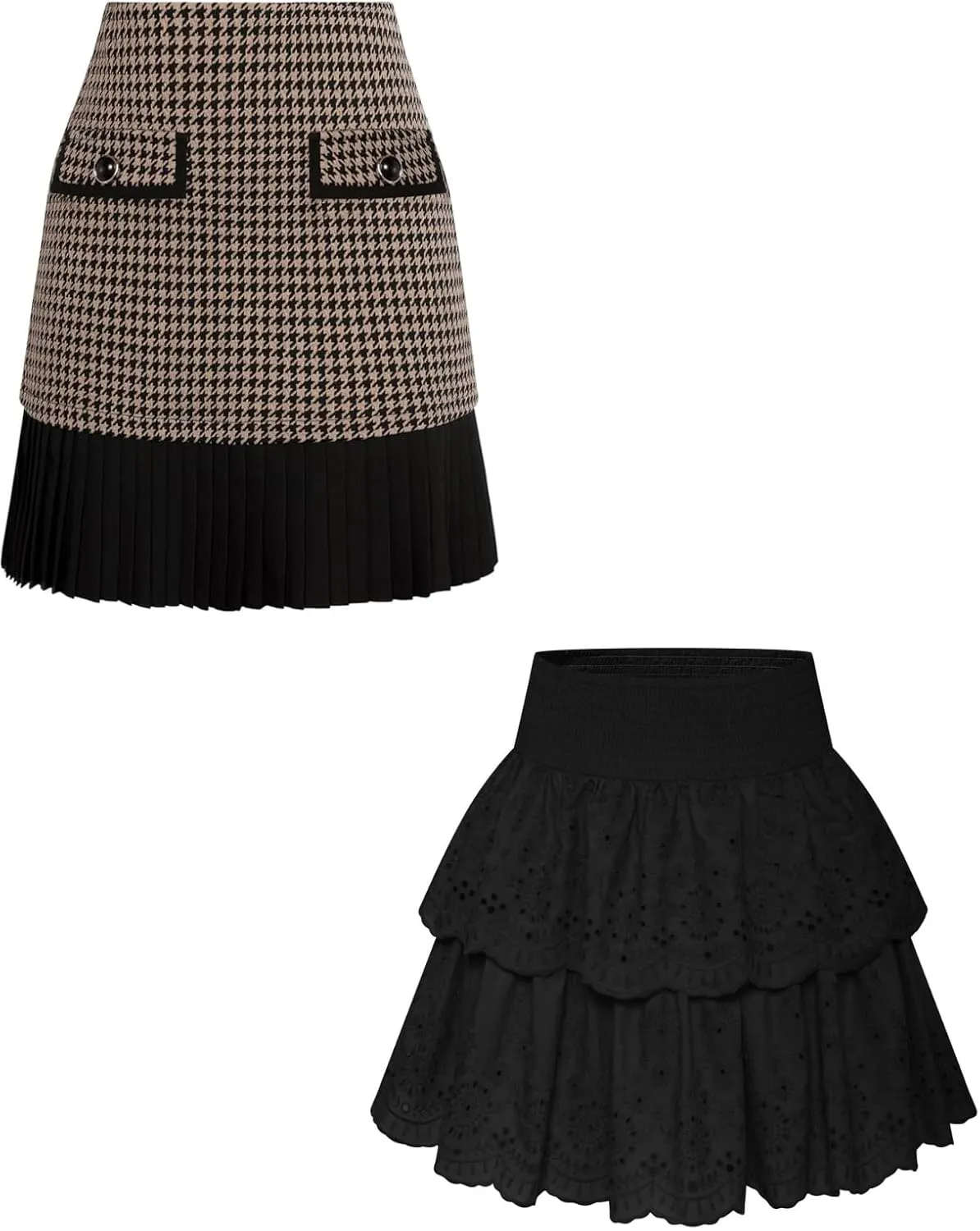 Women Layered Mini Skirt and Plaid Pleated Mini Skirt