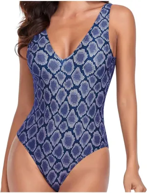 Women One Piece Swimsuit Padded Sexy V Neck Swim Suits Modest Tummy Control Monokinis Bathing Suits Backless Swimwear