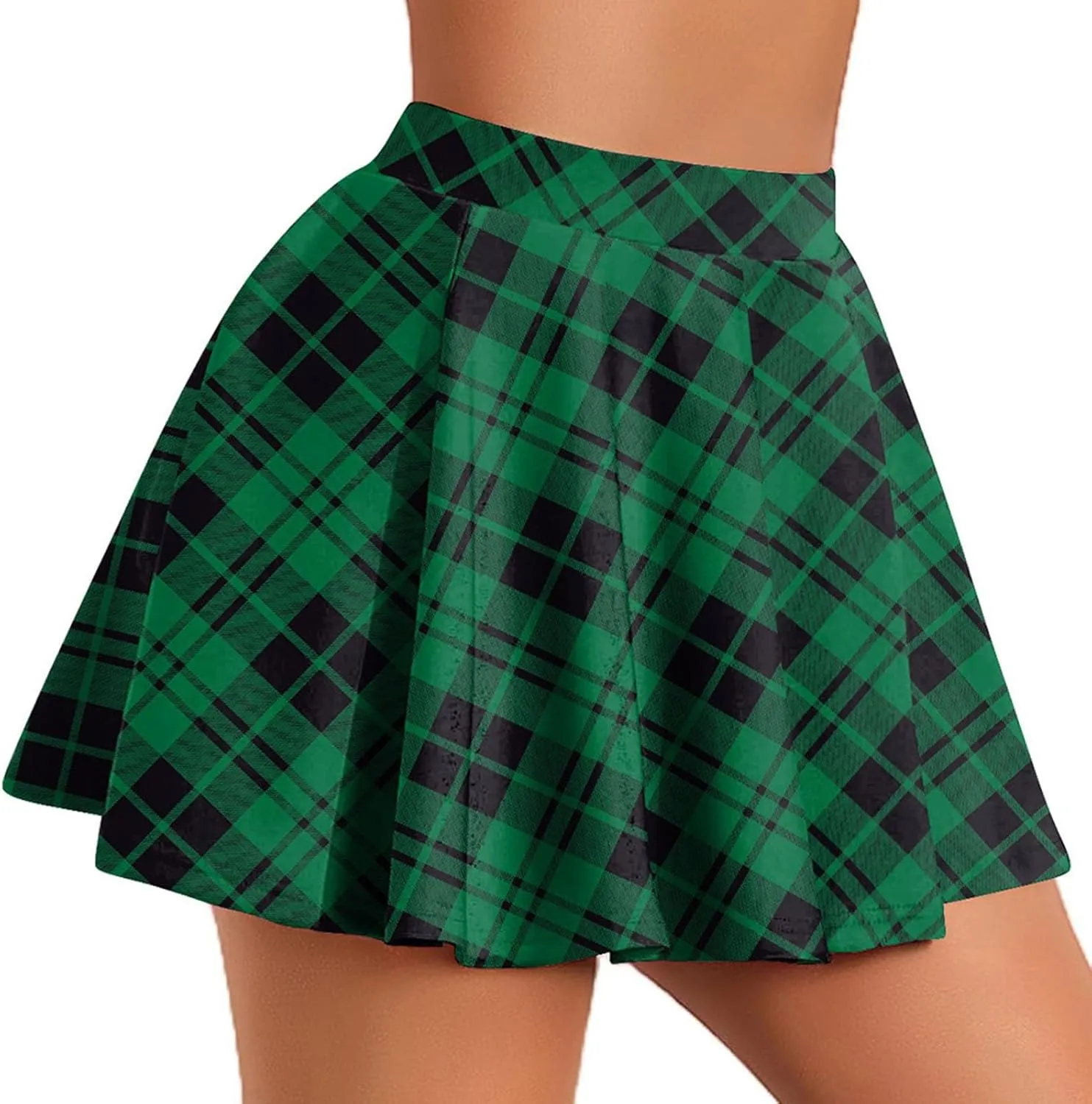 Women Plaid Mini Skirts Vintage High Waisted Pleated Skirt Elastic Stretchy A Line Skirts Tartan Skirt