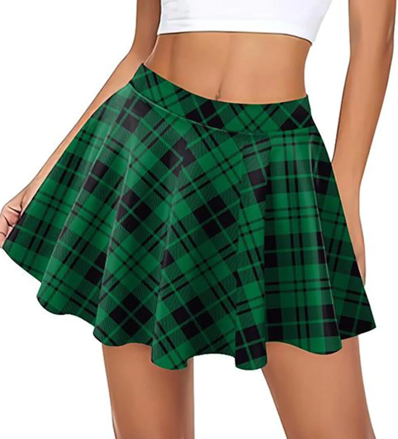 Women Plaid Mini Skirts Vintage High Waisted Pleated Skirt Elastic Stretchy A Line Skirts Tartan Skirt