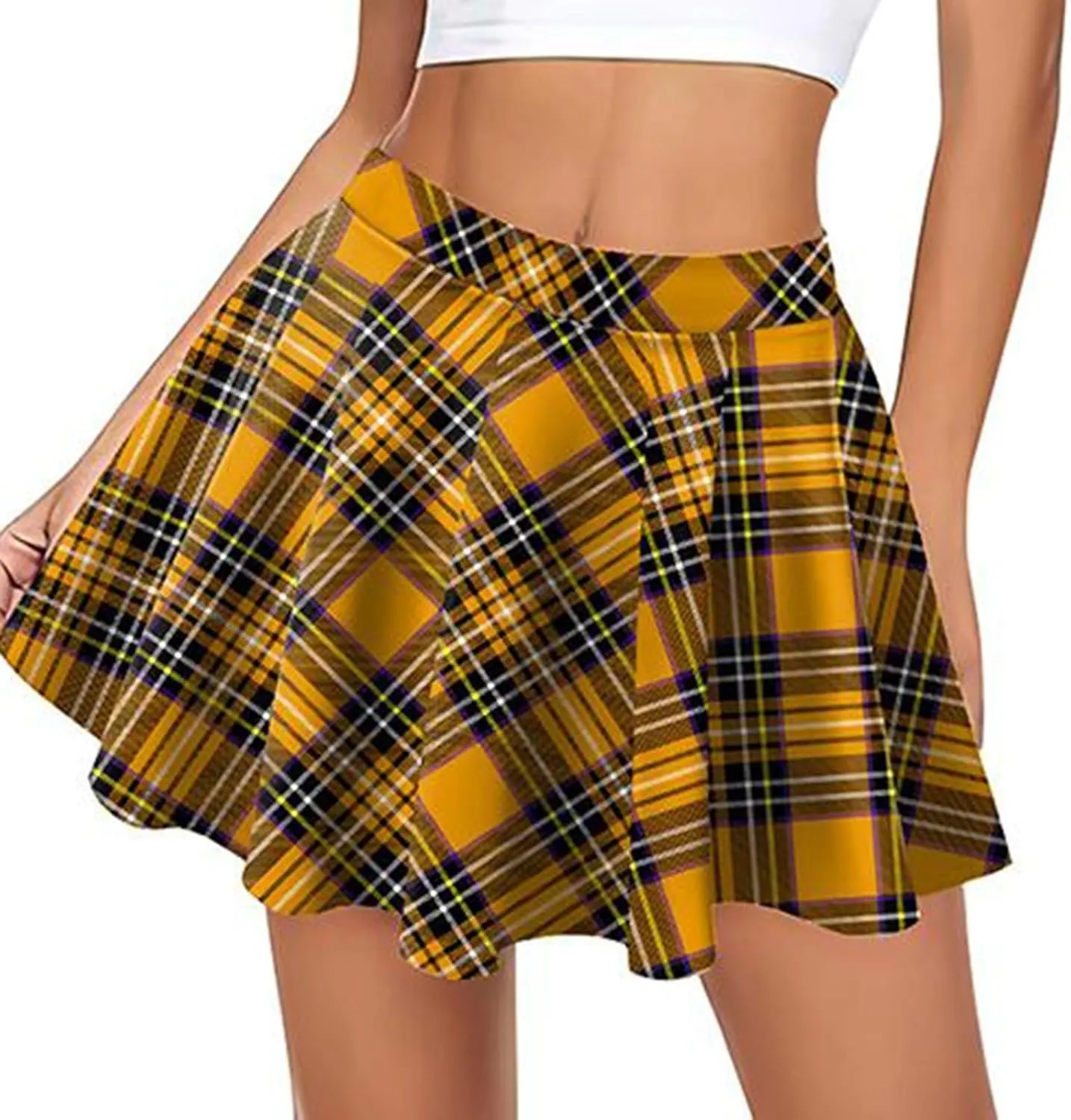 Women Plaid Mini Skirts Vintage High Waisted Pleated Skirt Elastic Stretchy A Line Skirts Tartan Skirt