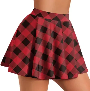 Women Plaid Mini Skirts Vintage High Waisted Pleated Skirt Elastic Stretchy A Line Skirts Tartan Skirt