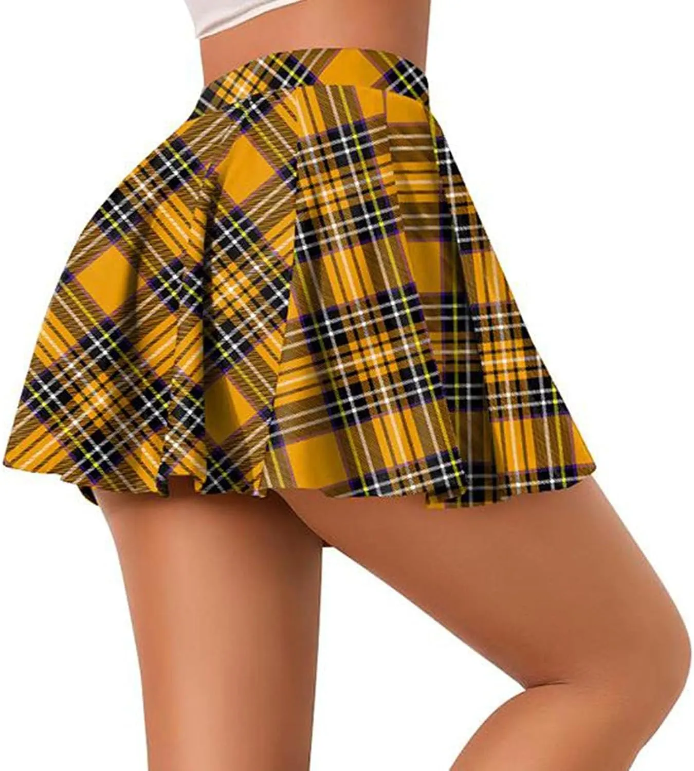 Women Plaid Mini Skirts Vintage High Waisted Pleated Skirt Elastic Stretchy A Line Skirts Tartan Skirt