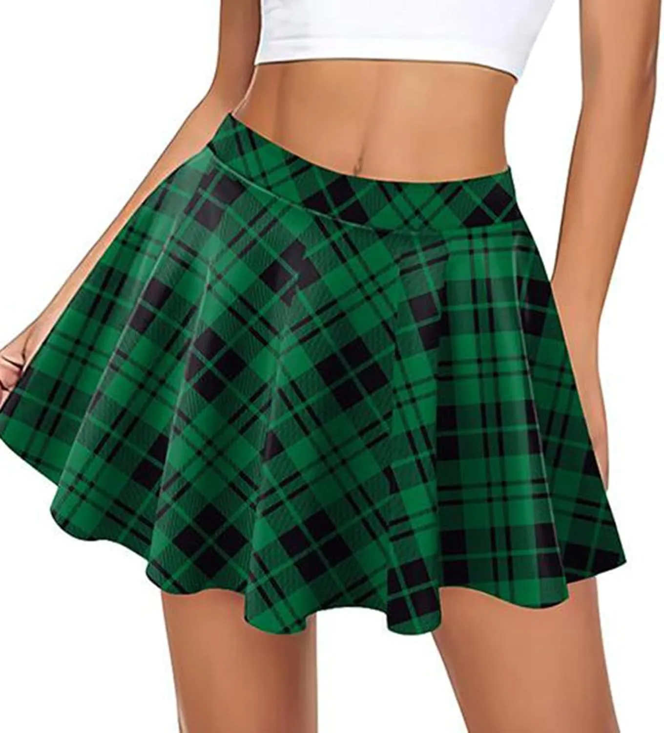 Women Plaid Mini Skirts Vintage High Waisted Pleated Skirt Elastic Stretchy A Line Skirts Tartan Skirt