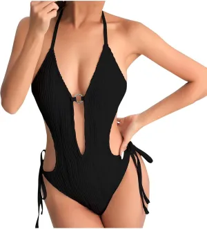 Women Sexy One Piece Swimsuit Deep V Neck O-Ring Backless Tie Bathing Suits Fashion Slimming Tummy Control Beachwear