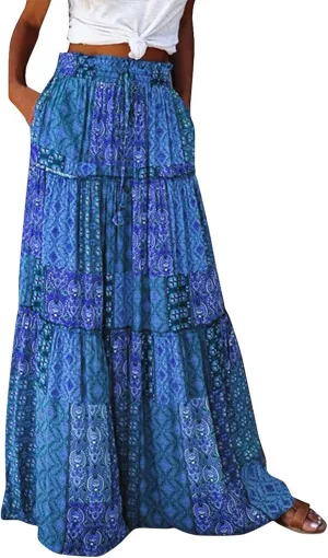 Women Skirt High WAIS Flowy Maxi Skirt Bohemian A-Line Tube Dress Floral Print Casual Smocked 2025 Summer Skirts