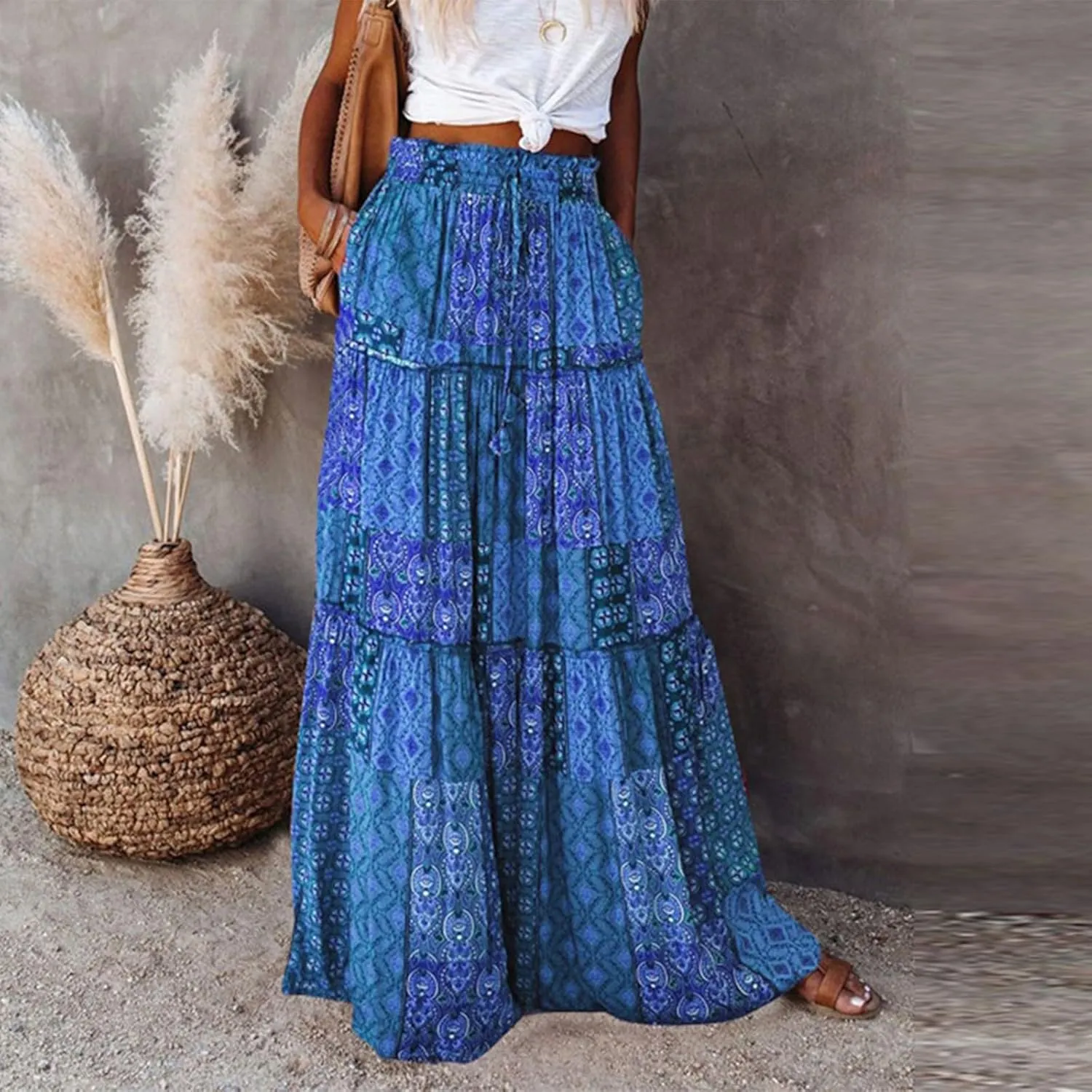 Women Skirt High WAIS Flowy Maxi Skirt Bohemian A-Line Tube Dress Floral Print Casual Smocked 2025 Summer Skirts