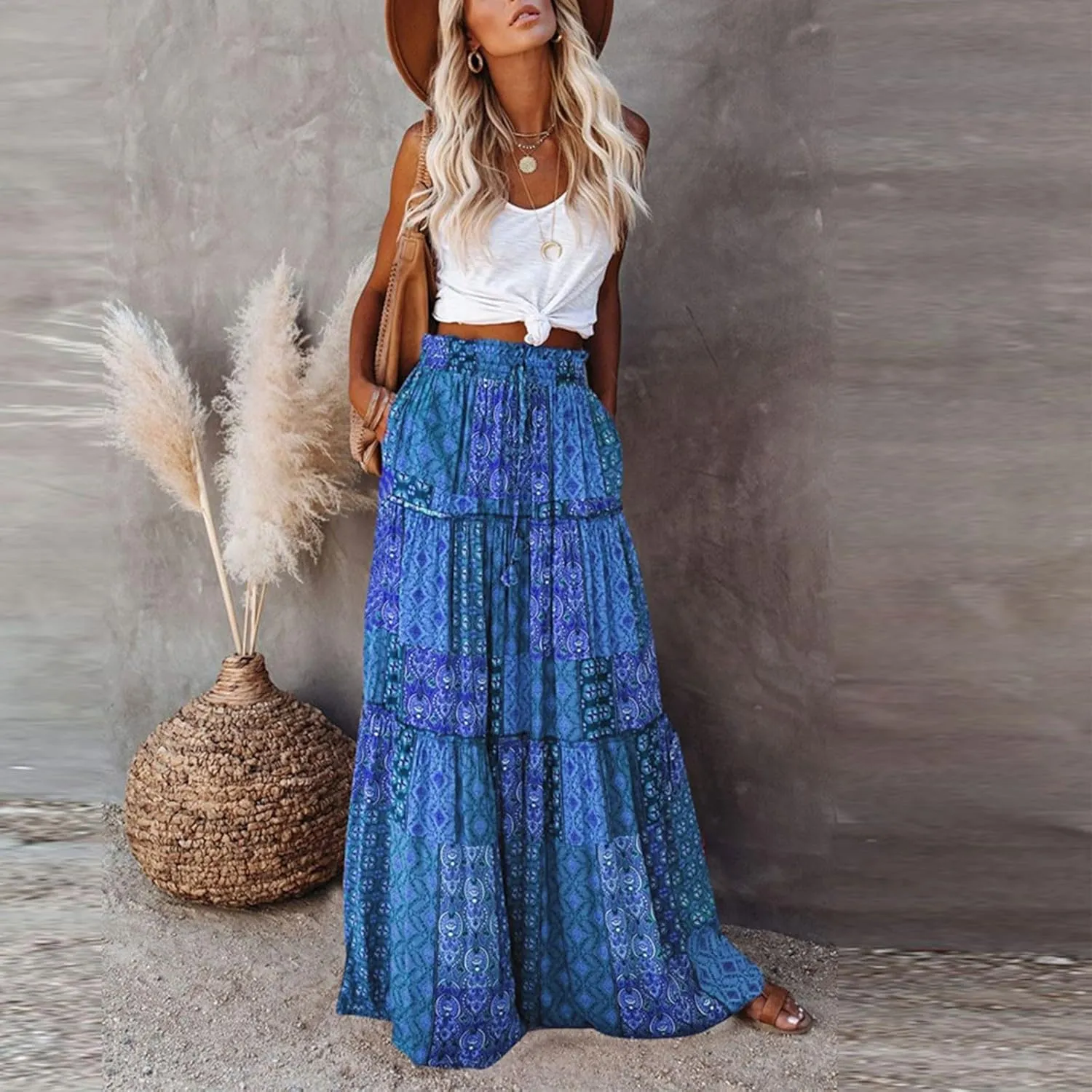 Women Skirt High WAIS Flowy Maxi Skirt Bohemian A-Line Tube Dress Floral Print Casual Smocked 2025 Summer Skirts
