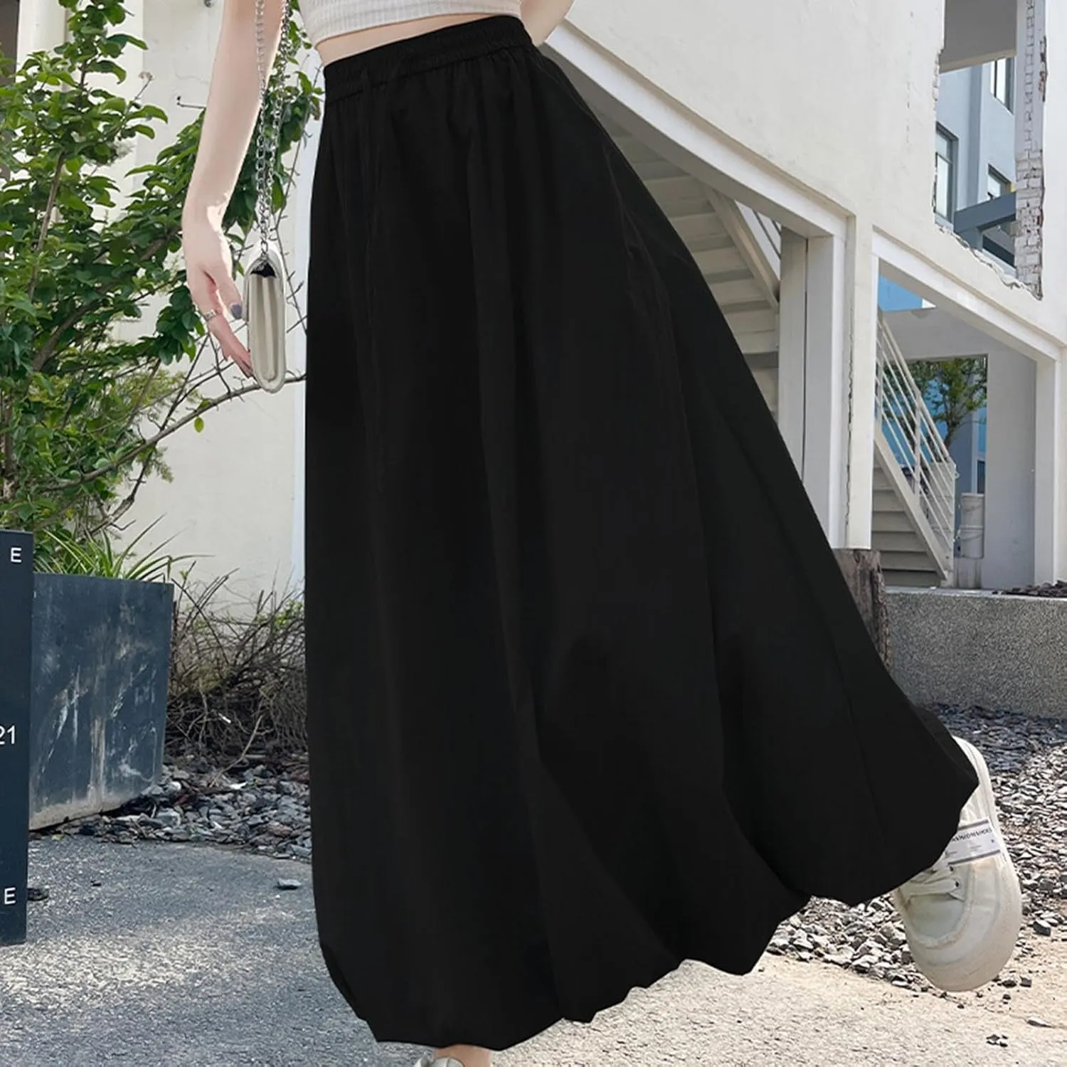 Women Solid Color Basic Bloomer Skirt, Summer Lightweight Comfy A-line Long Skirts Fashion Tie Drawstring Casual Clothes