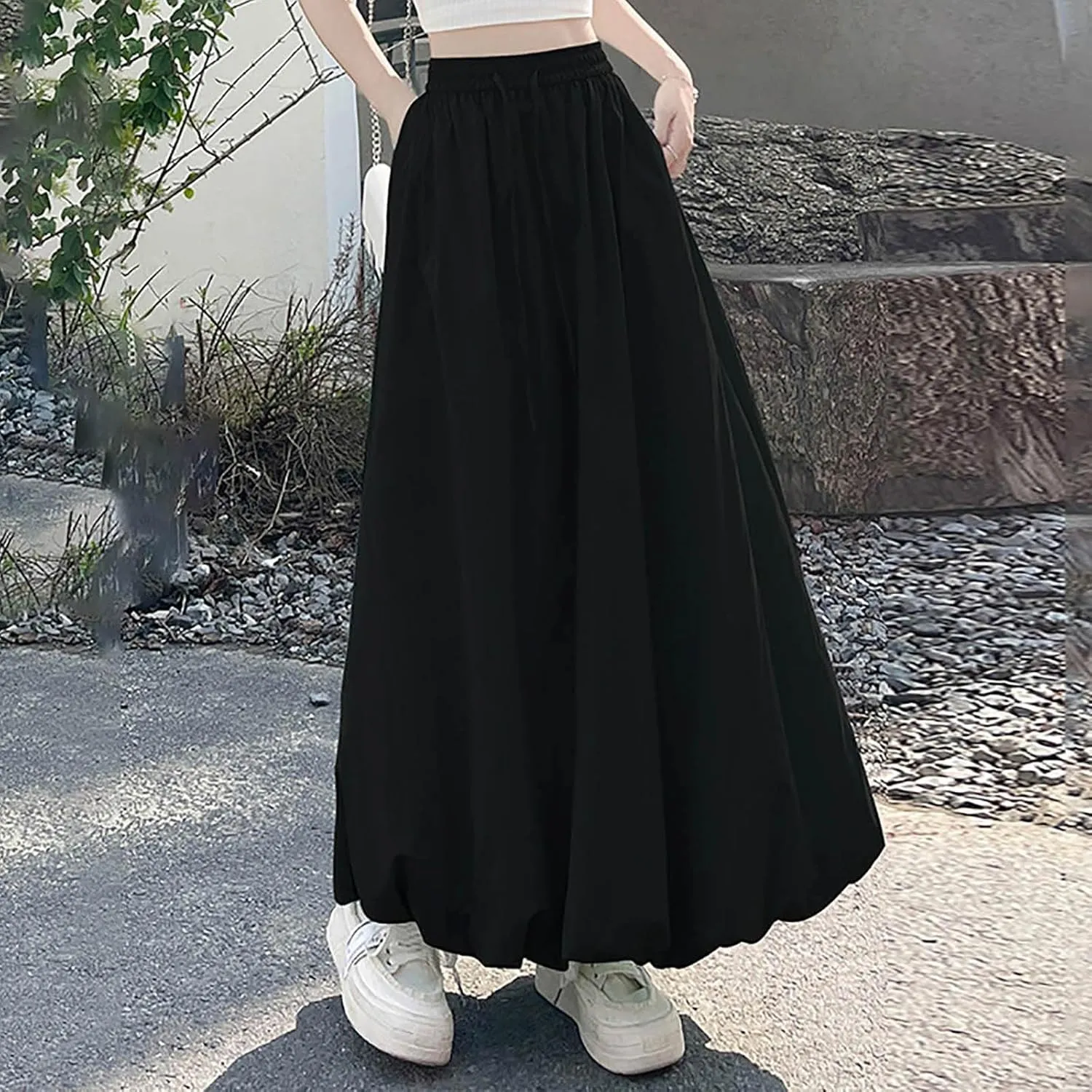 Women Solid Color Basic Bloomer Skirt, Summer Lightweight Comfy A-line Long Skirts Fashion Tie Drawstring Casual Clothes