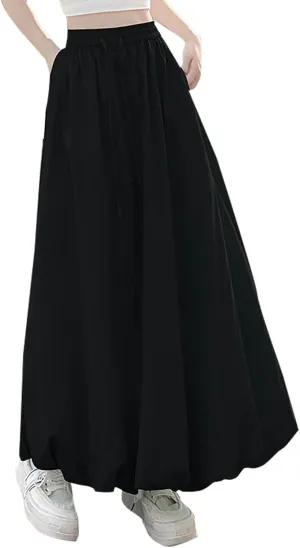 Women Solid Color Basic Bloomer Skirt, Summer Lightweight Comfy A-line Long Skirts Fashion Tie Drawstring Casual Clothes