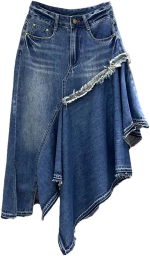 Women Splicing Denim Skirt Summer High Waist Raw Edges A-Line Skirt