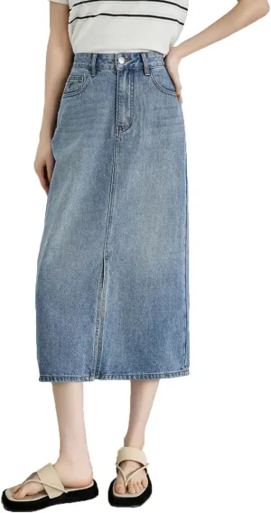 Women Split Denim Skirt Mid Length Slimming A-Line Skirt