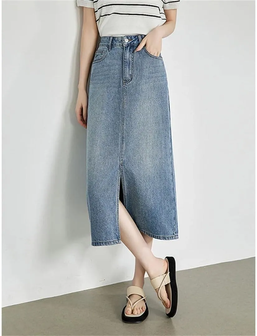 Women Split Denim Skirt Mid Length Slimming A-Line Skirt