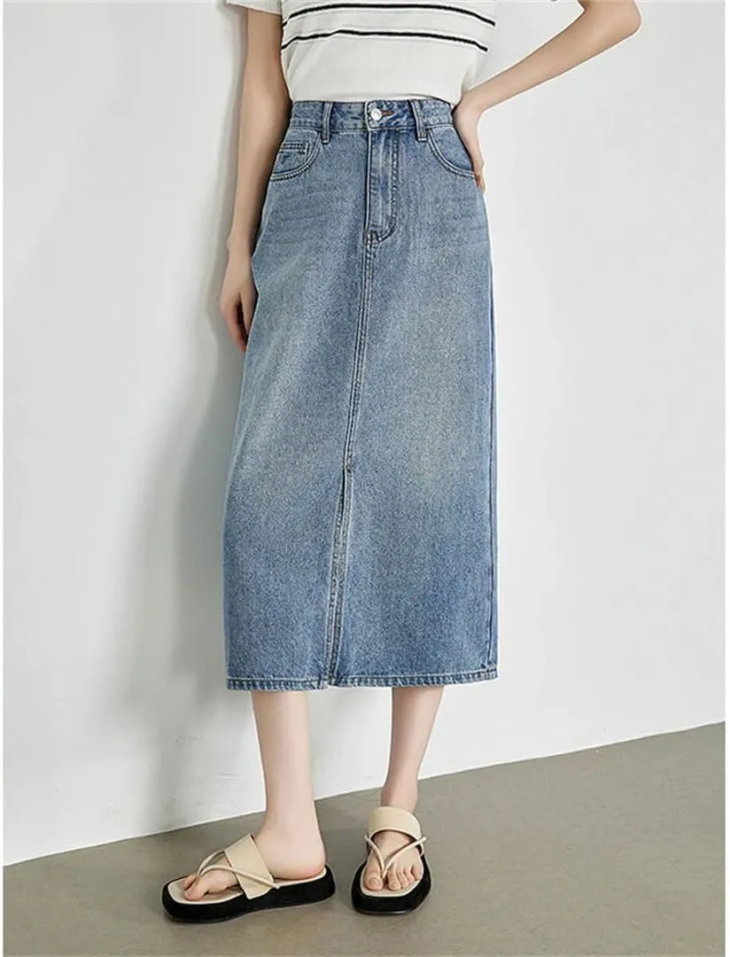 Women Split Denim Skirt Mid Length Slimming A-Line Skirt