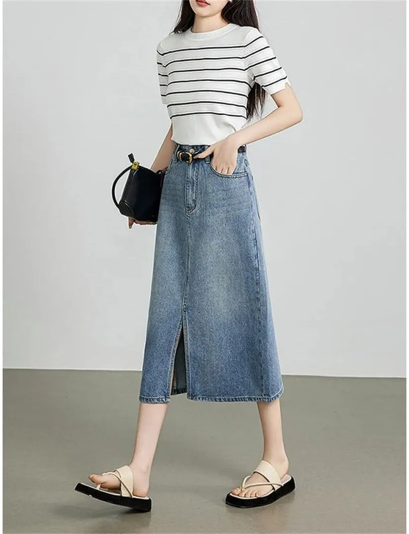 Women Split Denim Skirt Mid Length Slimming A-Line Skirt