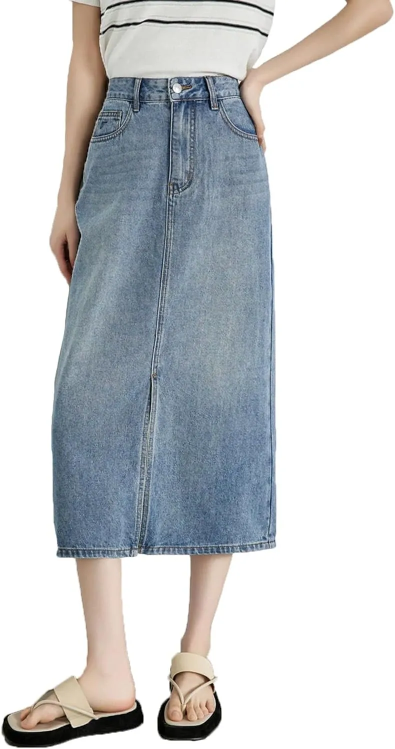 Women Split Denim Skirt Mid Length Slimming A-Line Skirt