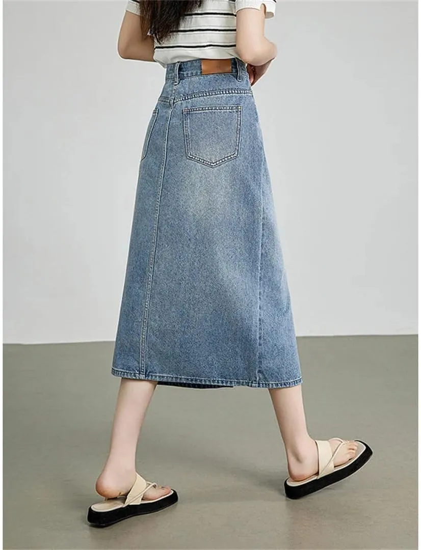 Women Split Denim Skirt Mid Length Slimming A-Line Skirt