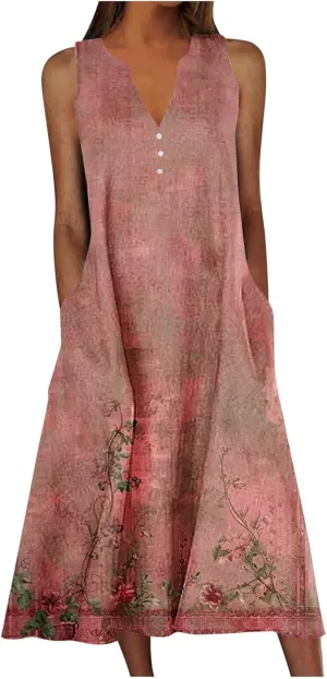 Women Summer Dresses Sleeveless Tshirts Dress Casual Loose Henry Button Neck Dress Flowy Swing Sundresses with Pockets