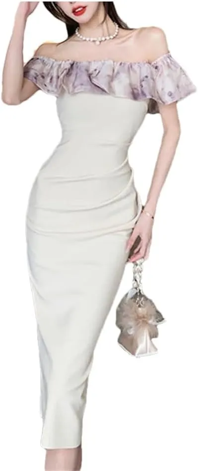 Women Summer Long Evening Dress Ladies Sexy Off-Shoulder Wrap Hip Midi Party Birthday Vestido