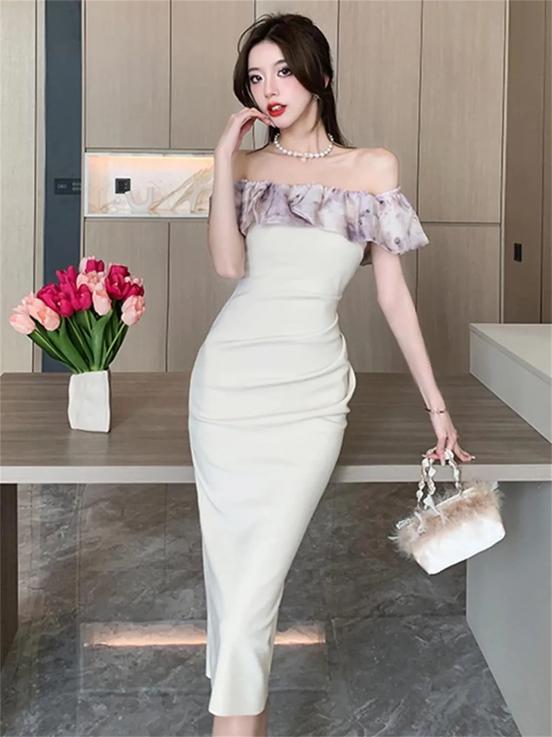Women Summer Long Evening Dress Ladies Sexy Off-Shoulder Wrap Hip Midi Party Birthday Vestido
