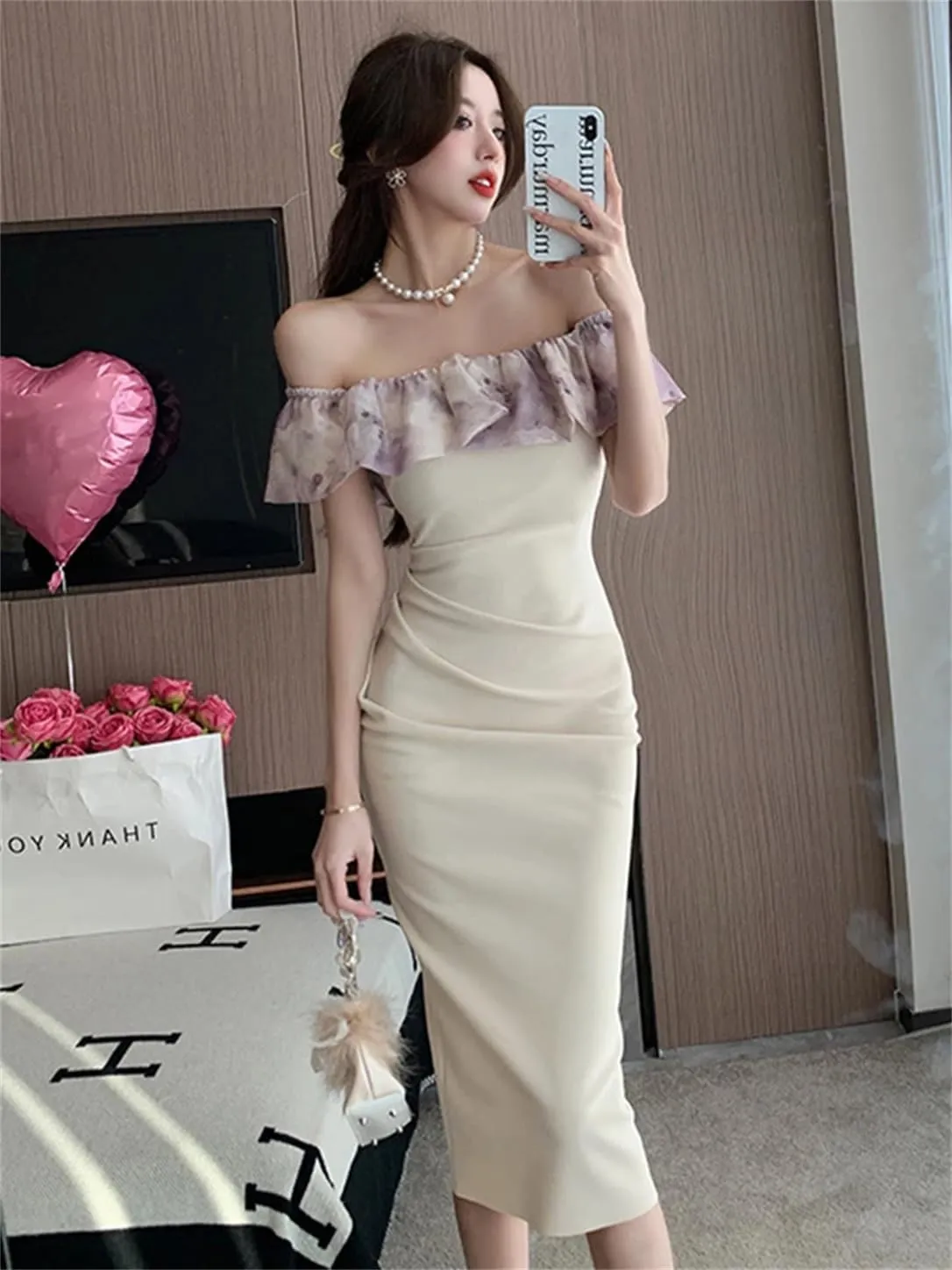 Women Summer Long Evening Dress Ladies Sexy Off-Shoulder Wrap Hip Midi Party Birthday Vestido