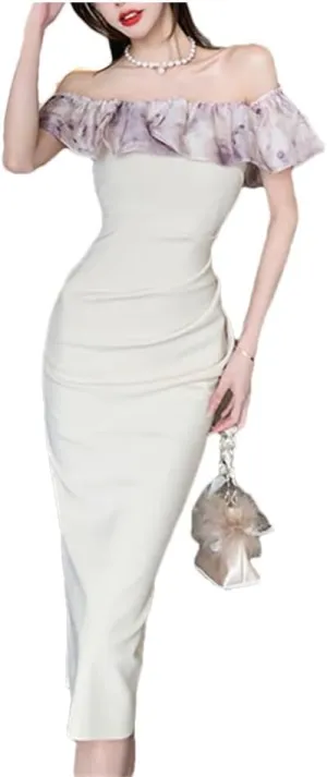 Women Summer Long Evening Dress Ladies Sexy Off-Shoulder Wrap Hip Midi Party Birthday Vestido