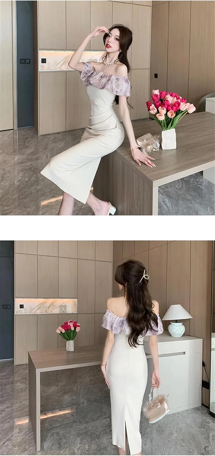Women Summer Long Evening Dress Ladies Sexy Off-Shoulder Wrap Hip Midi Party Birthday Vestido