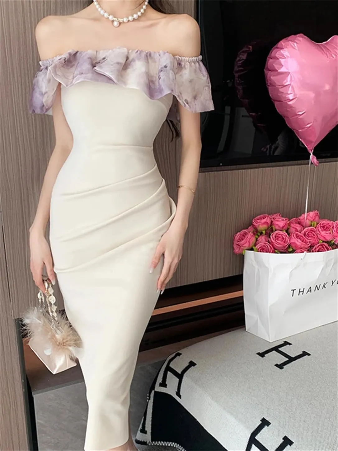Women Summer Long Evening Dress Ladies Sexy Off-Shoulder Wrap Hip Midi Party Birthday Vestido