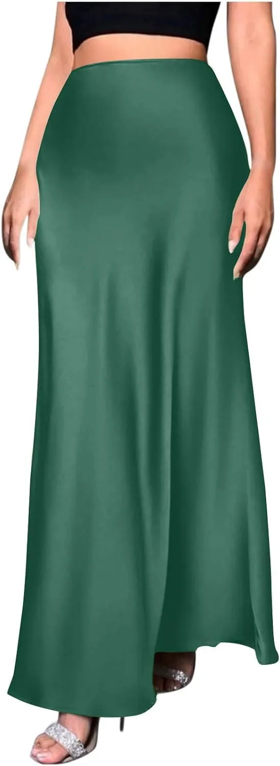 Women Summer Skirt 2025 Elegant Silk High Waist Maxi Skirts Elastic A Line Long Dress Cocktail Party Clothes