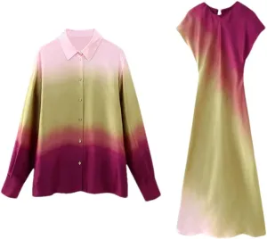Women Tie-Dyed Shirts and Dress Long Sleeve Single Breasted Blouse Sleeveless Dress Casual Outwear
