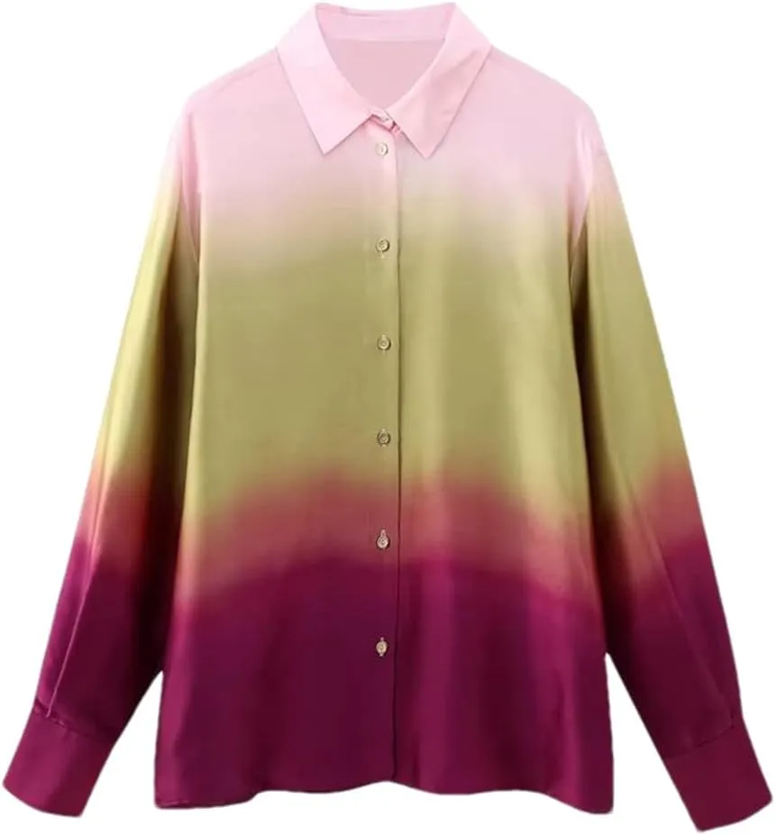 Women Tie-Dyed Shirts and Dress Long Sleeve Single Breasted Blouse Sleeveless Dress Casual Outwear