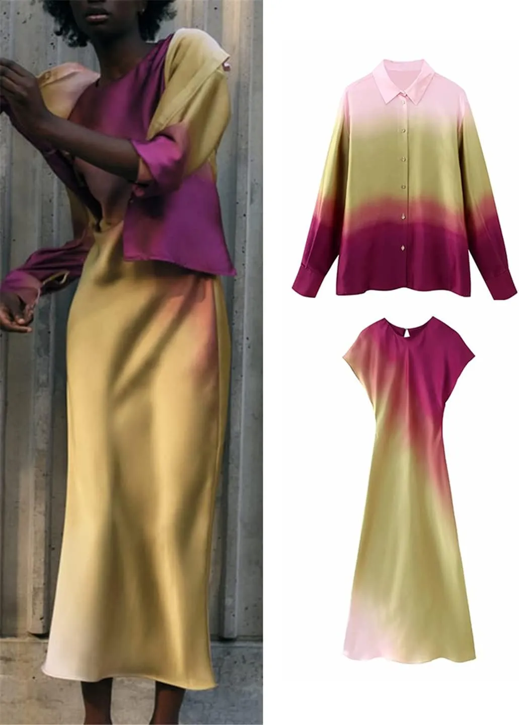 Women Tie-Dyed Shirts and Dress Long Sleeve Single Breasted Blouse Sleeveless Dress Casual Outwear