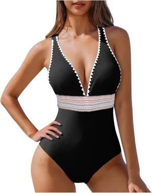 Women Tummy Control Swimsuits Backless Plunge One Piece Padded Slimming Bathing Suit Color Block Cheeky Swim Suits