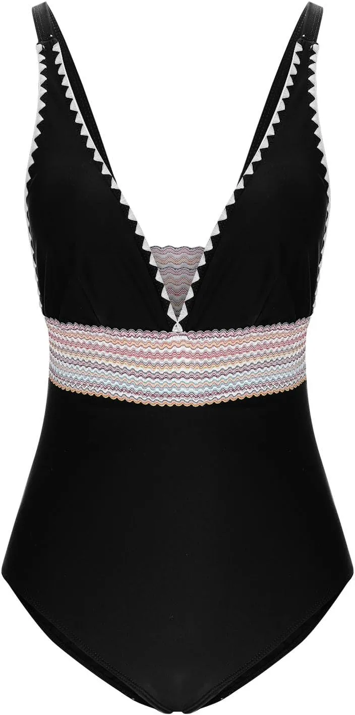 Women Tummy Control Swimsuits Backless Plunge One Piece Padded Slimming Bathing Suit Color Block Cheeky Swim Suits