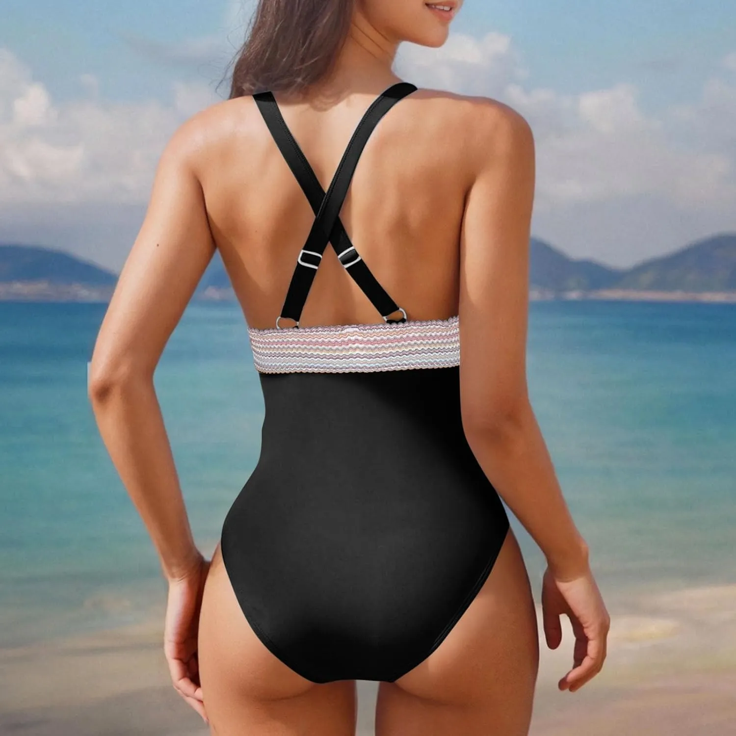 Women Tummy Control Swimsuits Backless Plunge One Piece Padded Slimming Bathing Suit Color Block Cheeky Swim Suits