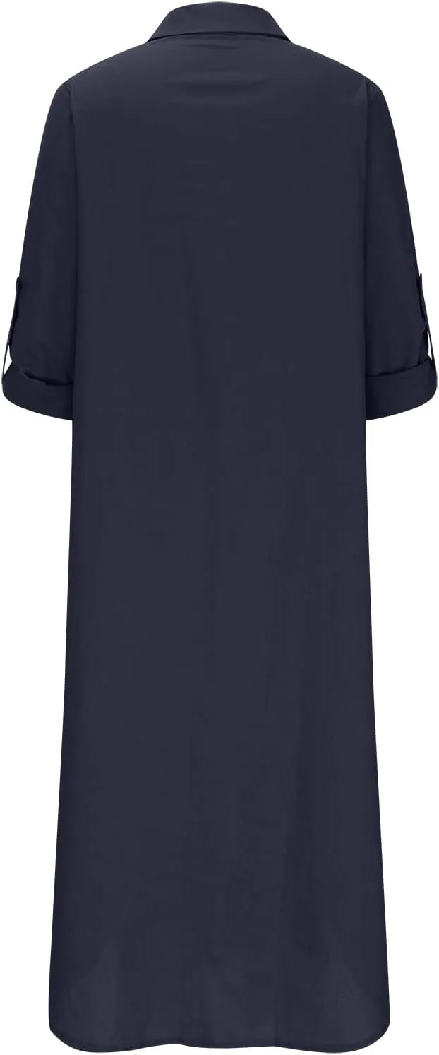 Women V-Neck 3/4 Length Sleeve Loose Cotton Linen Dresses Simple Solid Color Casual Maxi Linen Dress