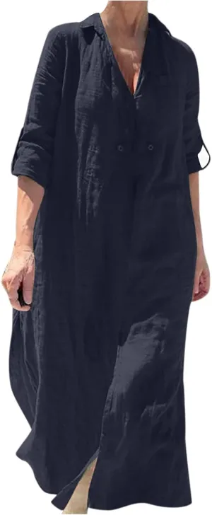 Women V-Neck 3/4 Length Sleeve Loose Cotton Linen Dresses Simple Solid Color Casual Maxi Linen Dress