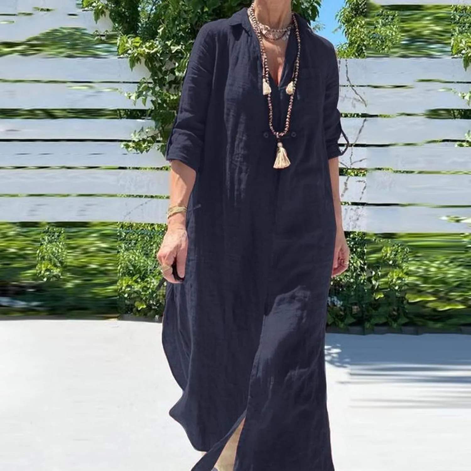Women V-Neck 3/4 Length Sleeve Loose Cotton Linen Dresses Simple Solid Color Casual Maxi Linen Dress