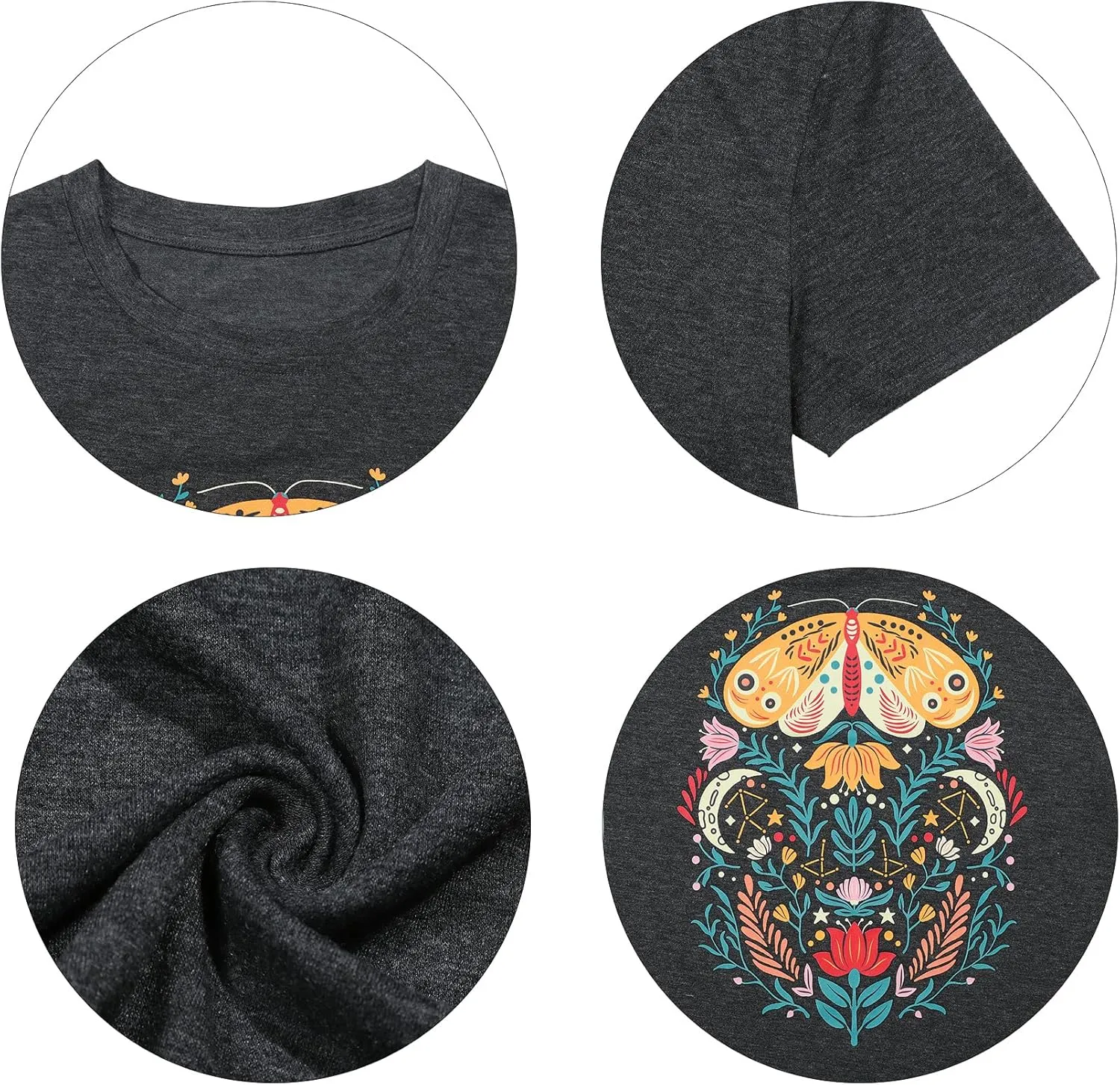 Women Vintage Boho Shirt Moon Moth Flower Tops Butterfly Floral Graphic Tees Casual Short Sleeve Summer Holiday T Shirts