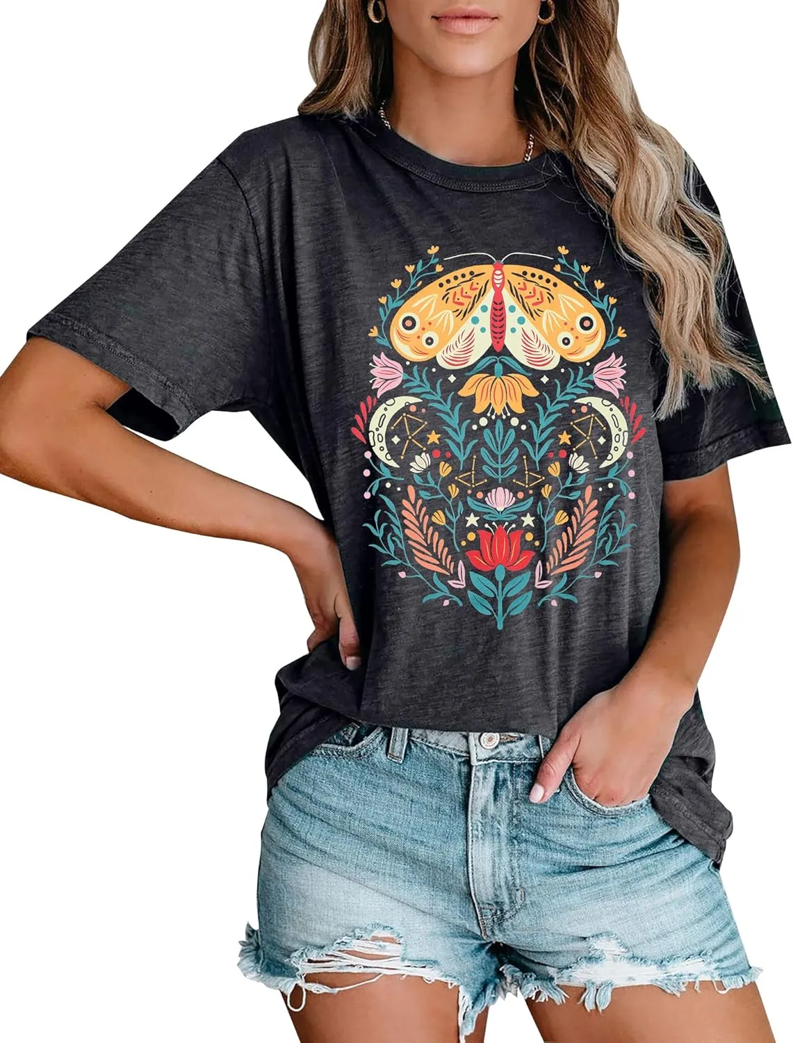 Women Vintage Boho Shirt Moon Moth Flower Tops Butterfly Floral Graphic Tees Casual Short Sleeve Summer Holiday T Shirts