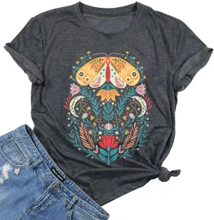Women Vintage Boho Shirt Moon Moth Flower Tops Butterfly Floral Graphic Tees Casual Short Sleeve Summer Holiday T Shirts