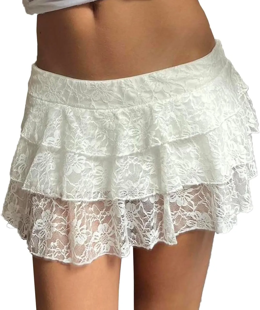 Women Y2k Lace Mini Skirt Layered Flowy Short Skirt Pleated Ruffle Half Slip Skirt Going Out Streetwear