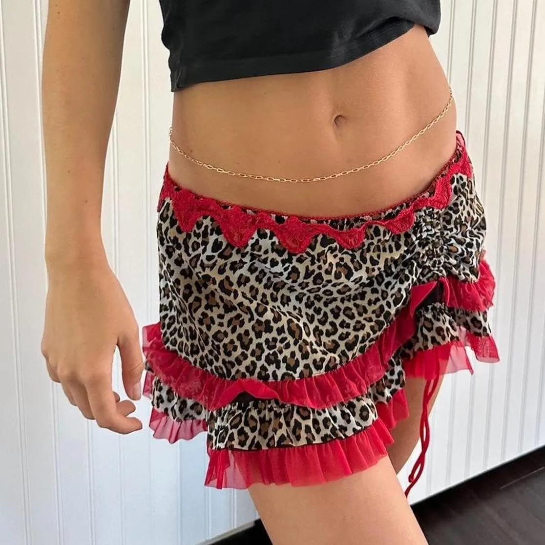 Women Y2K Lace Mini Skirt Leopard Print Ruffle Short Skirt Mesh Flowy Mini Skirt Party Club Streetwear