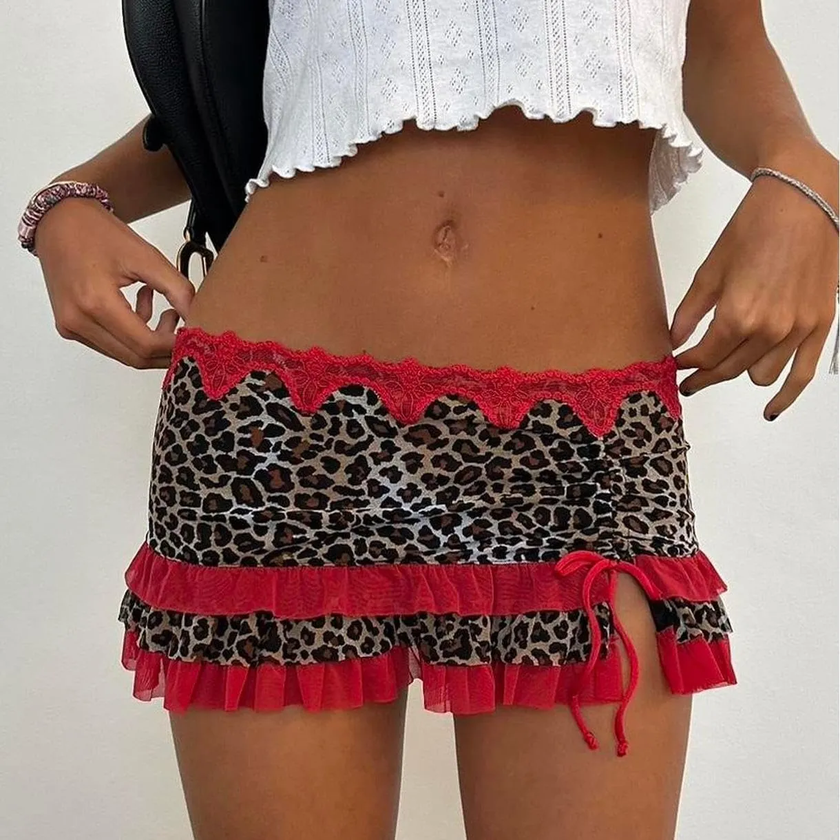 Women Y2K Lace Mini Skirt Leopard Print Ruffle Short Skirt Mesh Flowy Mini Skirt Party Club Streetwear