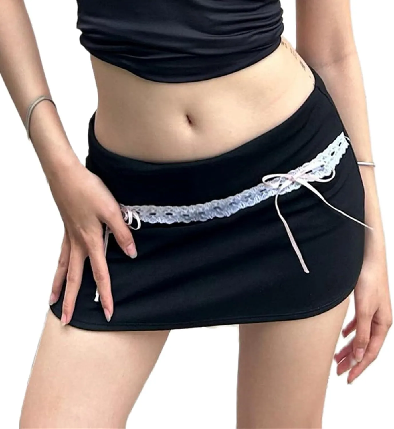 Women Y2k Lace Mini Skirt Low Rise Ruffle Half Slip Skirt Flowy Pleated Layered Tiered Short Skirt Streetwear Bow Black