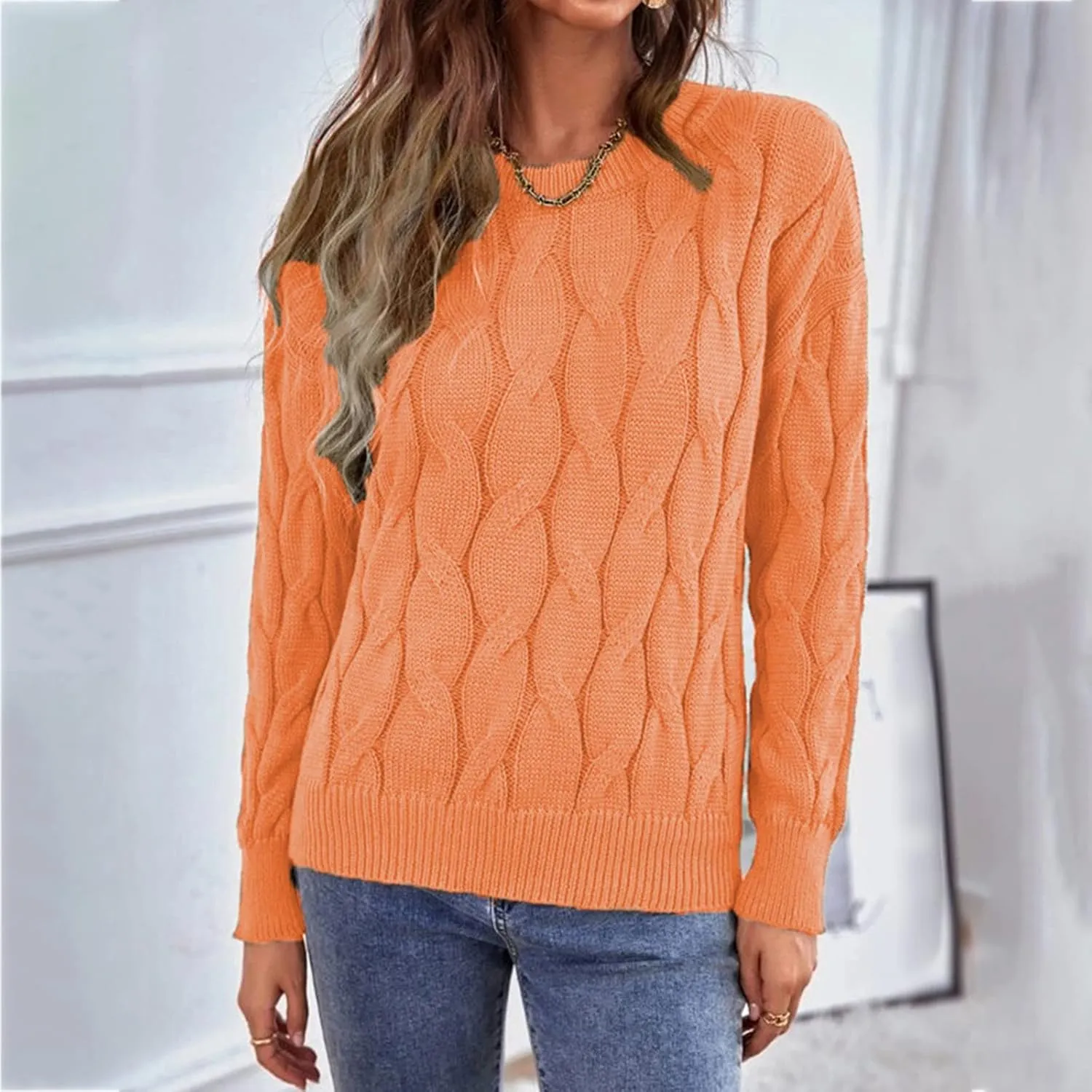 Women's 2024 Casual Long Sleeve Round Neck Cable Knit Solid Color Fall Winter Chunky Pullover Sweater Pullover Tops