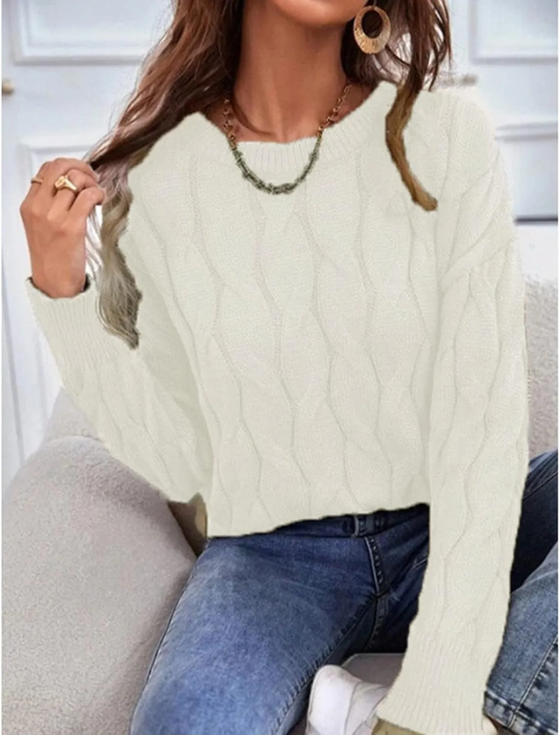 Women's 2024 Casual Long Sleeve Round Neck Cable Knit Solid Color Fall Winter Chunky Pullover Sweater Pullover Tops