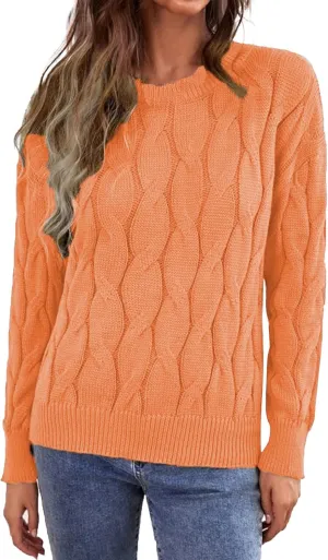 Women's 2024 Casual Long Sleeve Round Neck Cable Knit Solid Color Fall Winter Chunky Pullover Sweater Pullover Tops