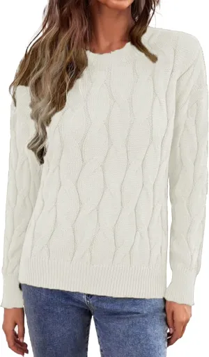 Women's 2024 Casual Long Sleeve Round Neck Cable Knit Solid Color Fall Winter Chunky Pullover Sweater Pullover Tops